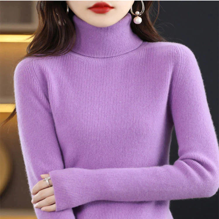 Pull thermique à col roulé de couleur unie pour femmes