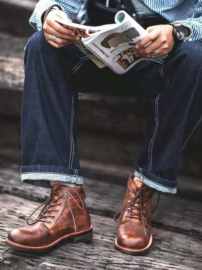 Bottes en cuir imperméable antidérapantes pour hommes, à la fois décontractées et rétro