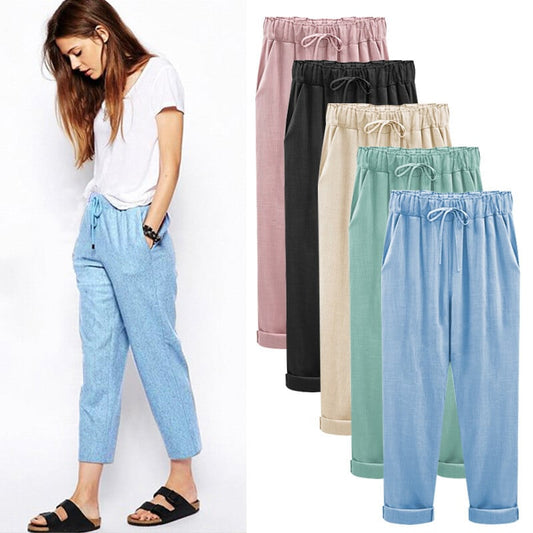 Pantalon ample à taille élastique de couleur unie pour grande taille