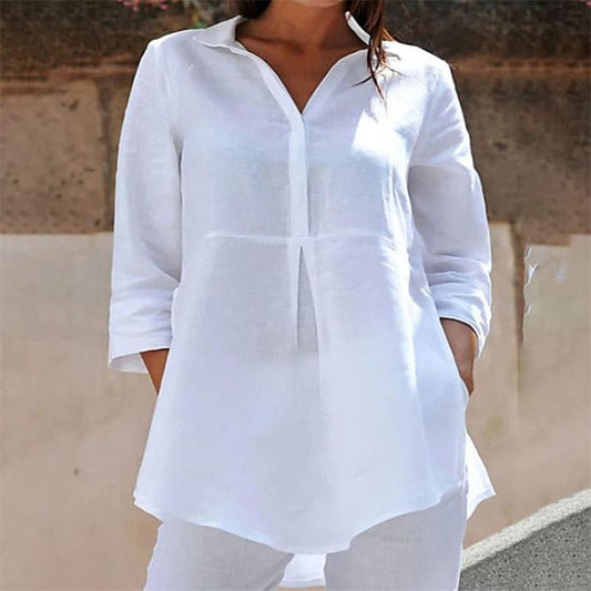 Chemise pour femmes en coton et lin de couleur unie à revers et à queue de colombe à manches trois quarts