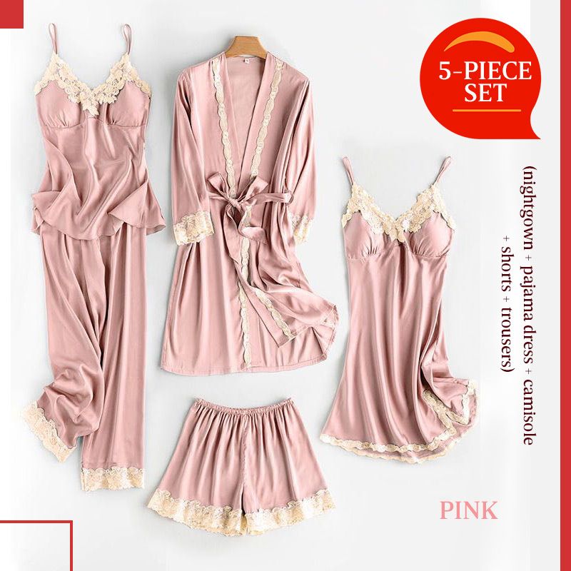 Pyjama en dentelle de soie glacée douce et confortable 2pcs/ 5pcs Set