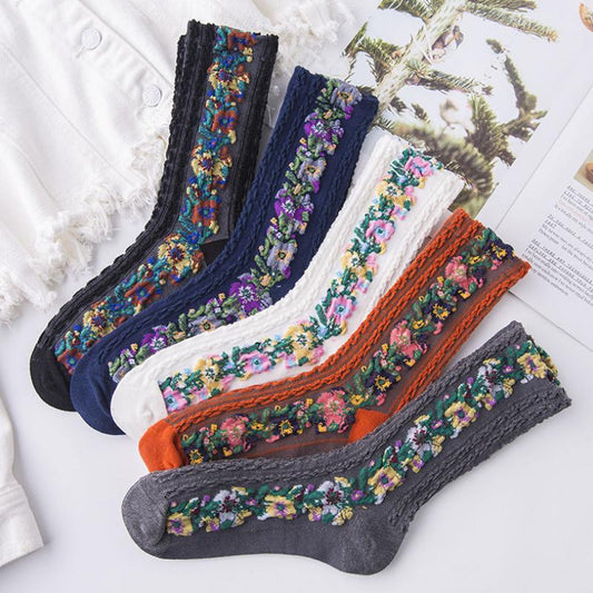 ( Vente de Noël anticipée ) -5 paires de chaussettes vintage brodées à fleurs